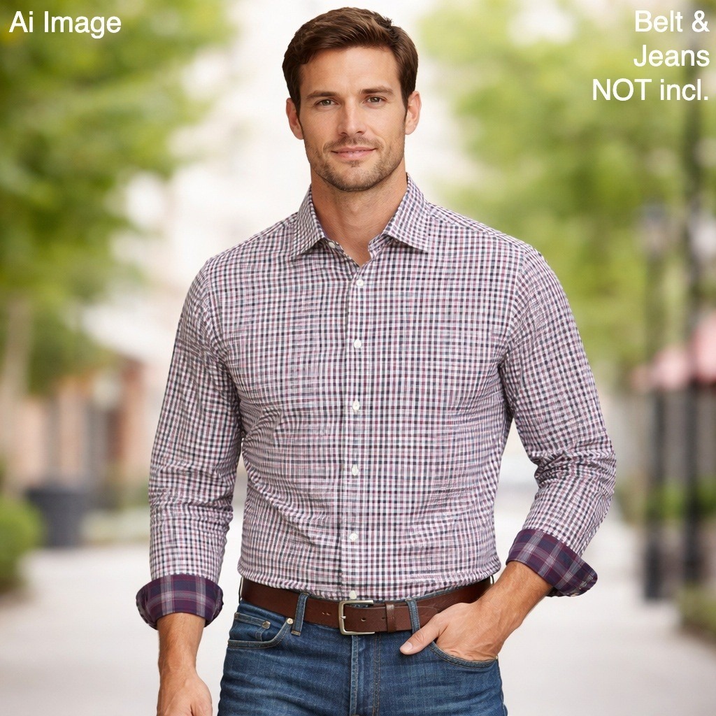 Thomas Dean Mens Xl Big & Tall Pima Cotton Check Button Down Shirt Burgundy Navy